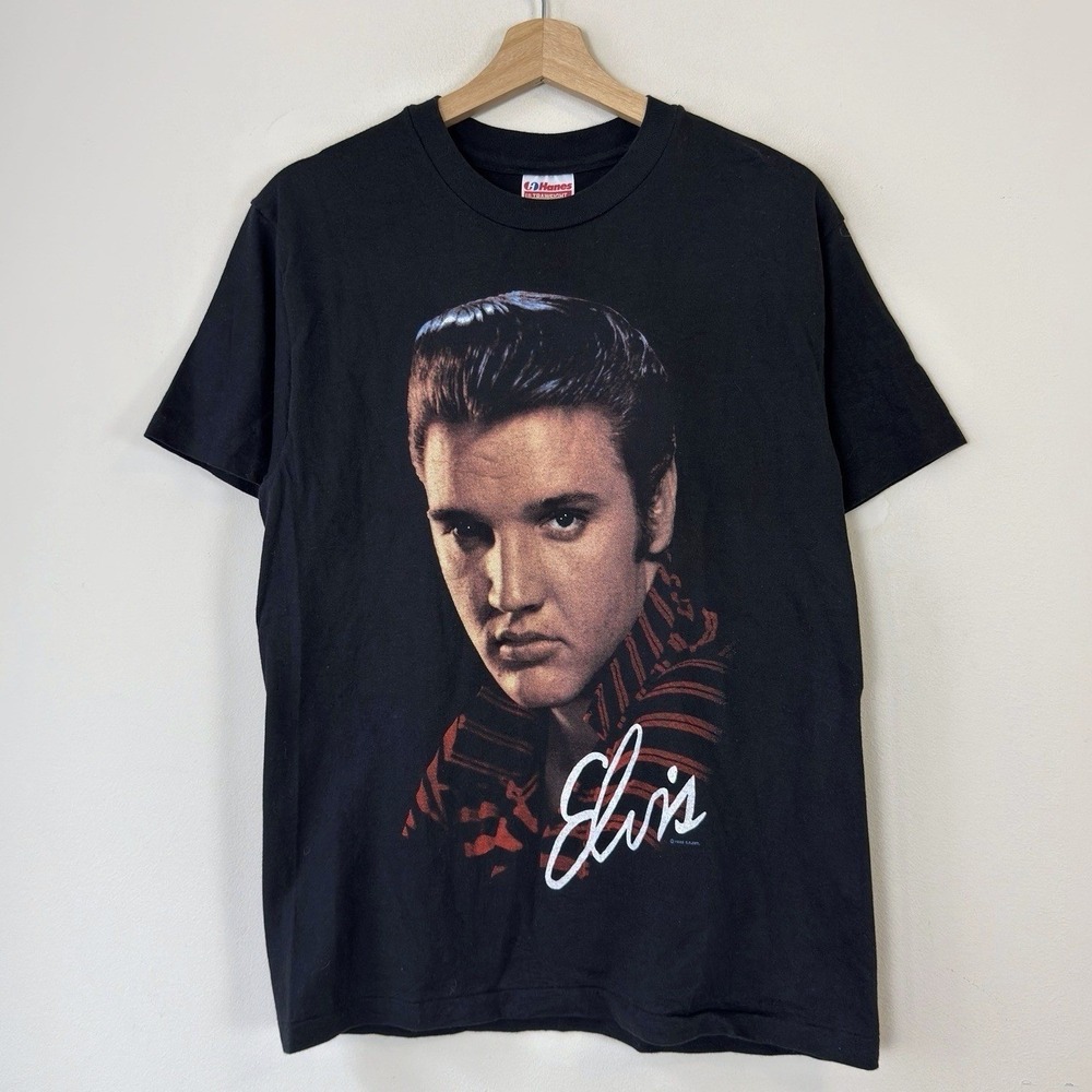 Vintage 90s Elvis Presley Music Big Face Rock Art Single Stitch Black Tee Shirt